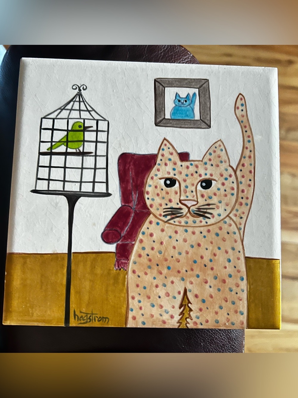 Vintage Hagstrom Ceramic White Cat & Bird Cage Tile Square Wall Art Made In USA